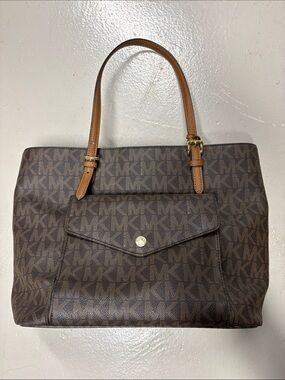 Michael Kors Brown MK Monogram Tote with Tan Leather Handles